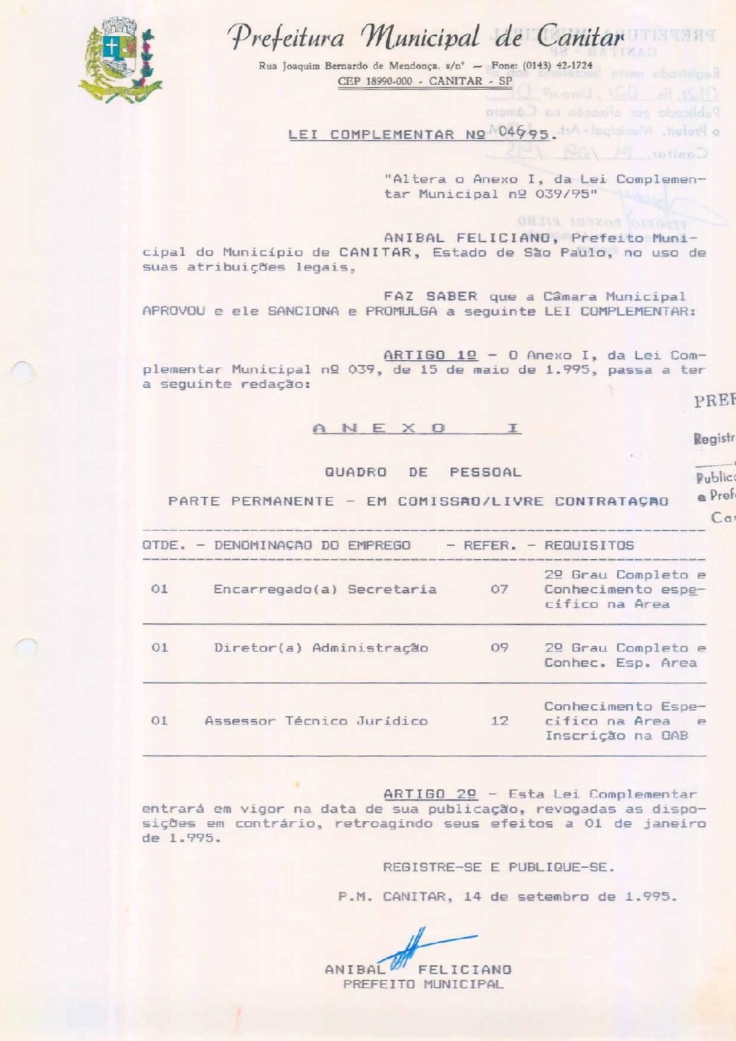 Leia mais sobre o artigo Lei Complementar nº 46 1995   Altera o anexo I, da Lei Complementar nº 039 95.