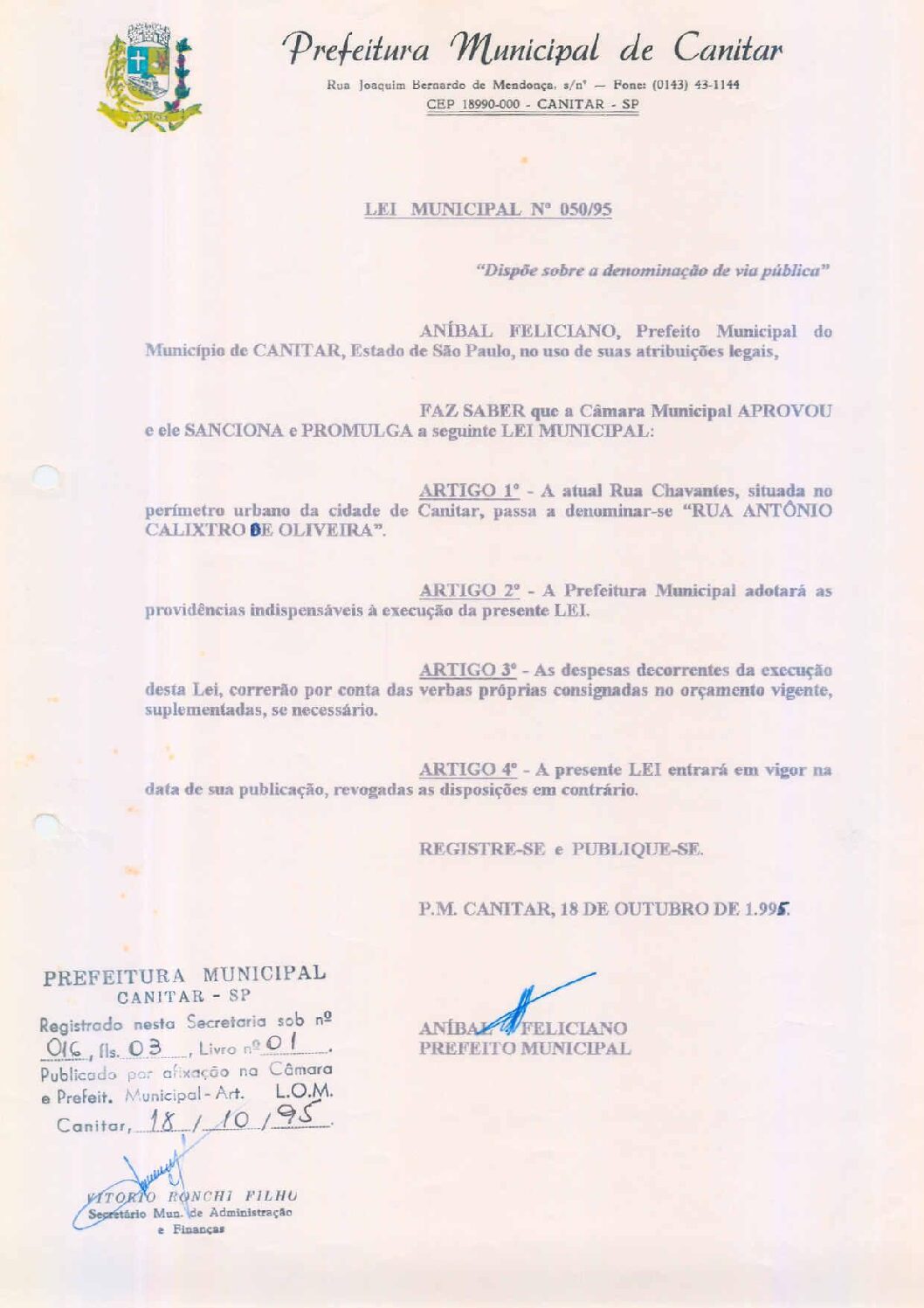 Leia mais sobre o artigo Lei Complementar nº 50 1995   Dispõe sobre denominação de via pública   Rua Antônio Calixto de Oliveira.
