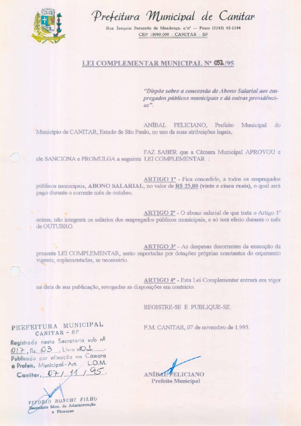 Leia mais sobre o artigo Lei Complementar nº 51 1995   Dispõe sobre a concessão de abono salarial aos empregados públicos municipais.