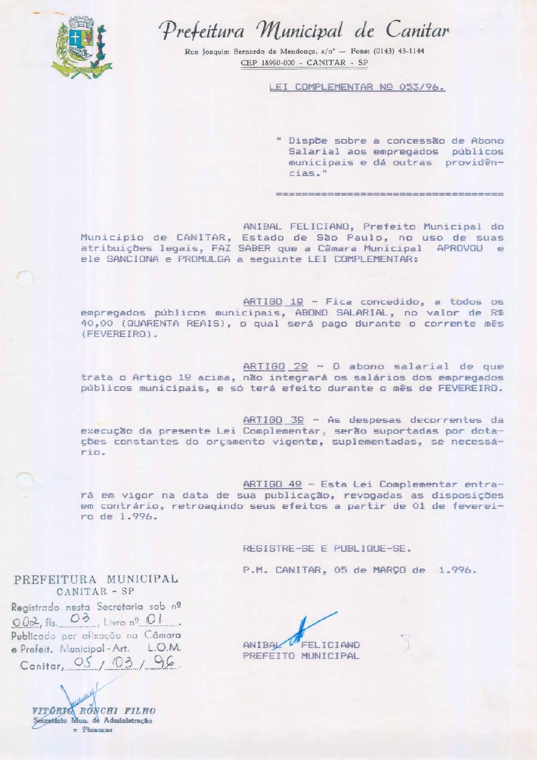 Leia mais sobre o artigo Lei Complementar nº 53 1996   Dispõe sobre concessão de abono salarial aos empregados públicos municipais.