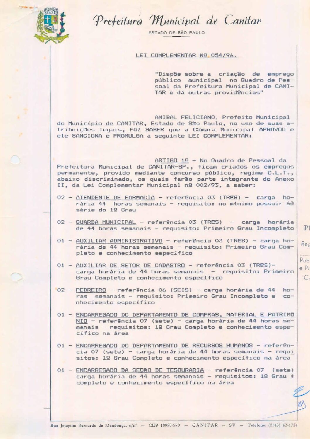 Leia mais sobre o artigo Lei Complementar nº 54 1996   Dispõe sobre a criação de emprego público municipal.