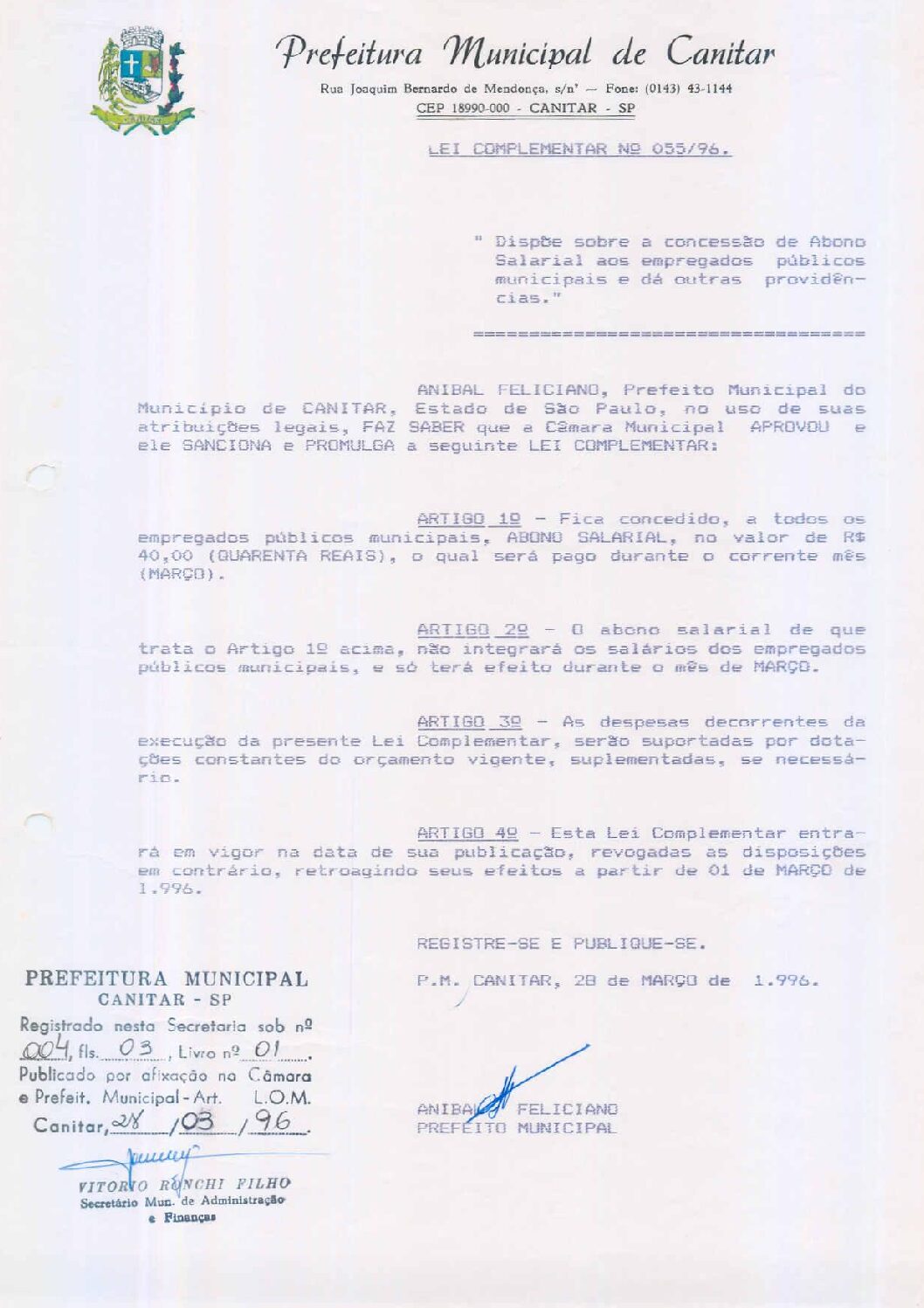 Leia mais sobre o artigo Lei Complementar nº 55 1996   Dispõe sobre a concessão de abono salarial aos empregados públicos municipais.