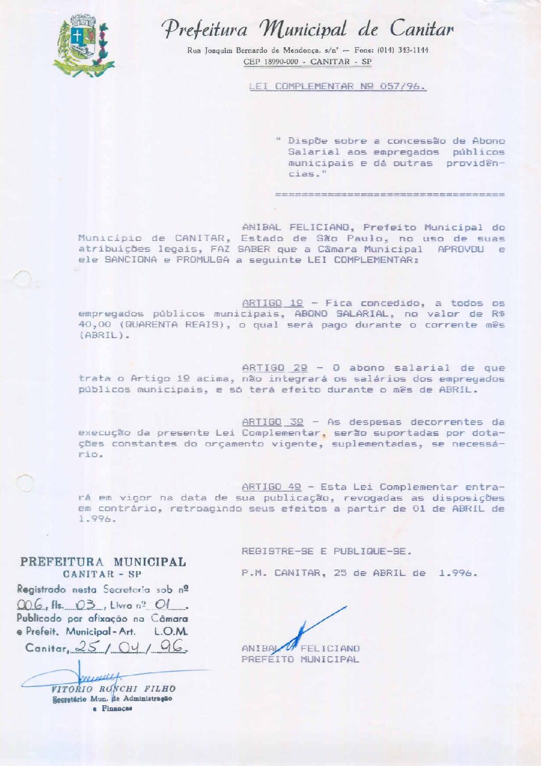 Leia mais sobre o artigo Lei Complementar nº 57 1996   Dispõe sobre a concessão de abono salarial aos empregados públicos municipais.