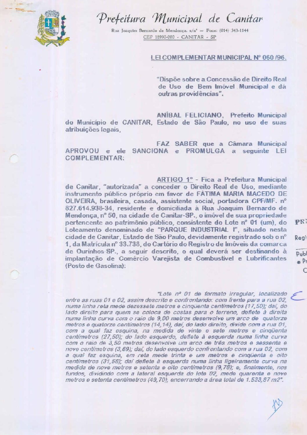 Leia mais sobre o artigo Lei Complementar nº 60 1996   Dispõe sobre a concessão de Direito Real de Uso de bem imóvel municipal   Parque Industrial I.