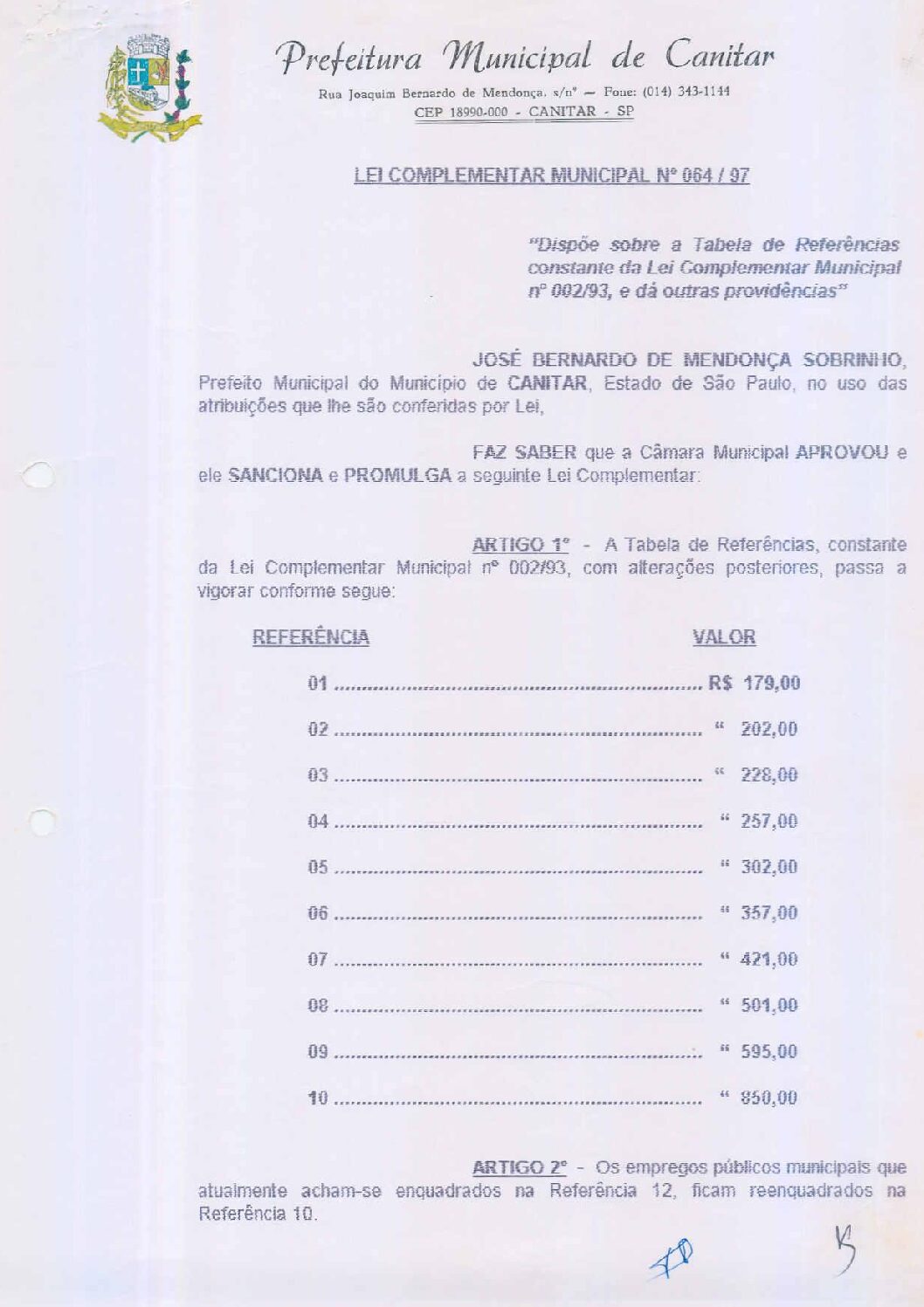 Leia mais sobre o artigo Lei Complementar nº 64 1997   Dispõe sobre a Tabela de Referências constante da Lei Complementar nº 02 93.