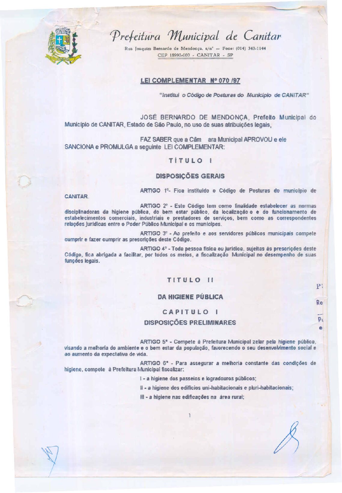 Leia mais sobre o artigo Lei Complementar nº 70 1997 1   Institui o Código de Posturas do Município de Canitar.