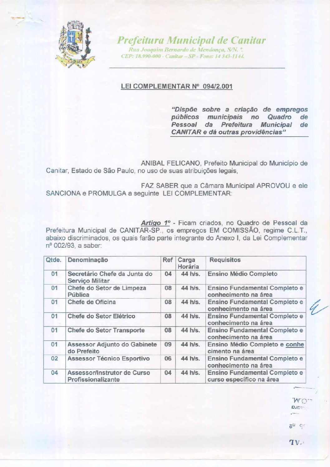 Leia mais sobre o artigo Lei Complementar nº 94 2001   Dispõe sobre a criação de empregos públicos municipais.