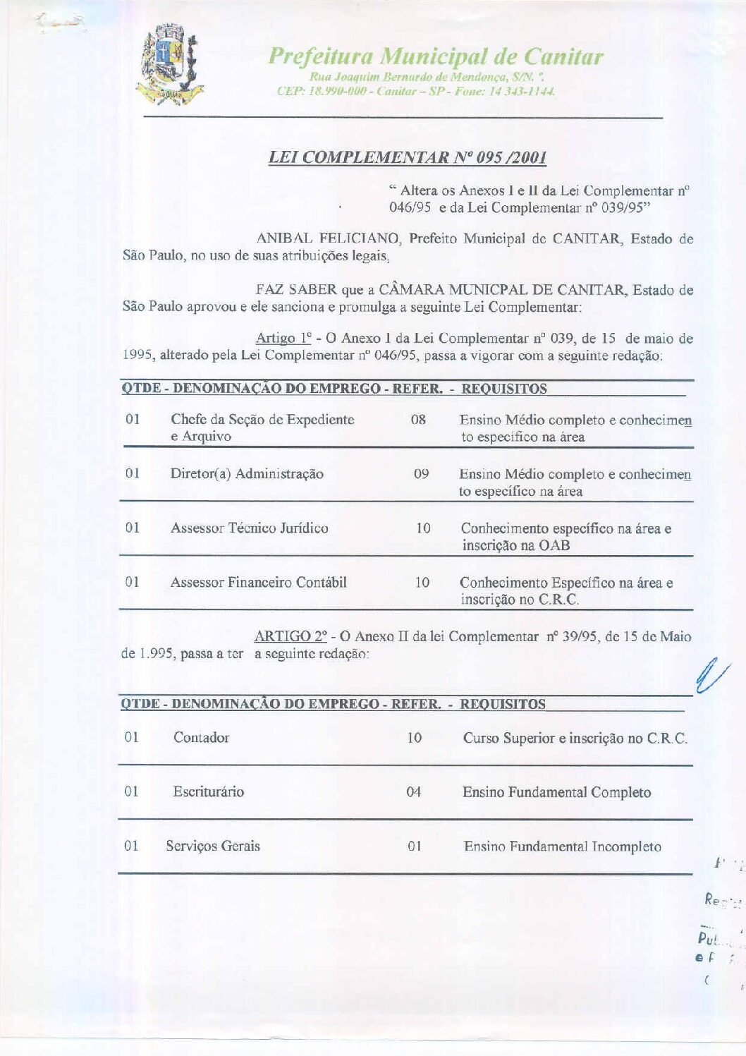 Leia mais sobre o artigo Lei Complementar nº 95 2001   Altera os anexos I e II da Lei Complementar nº 46 95.