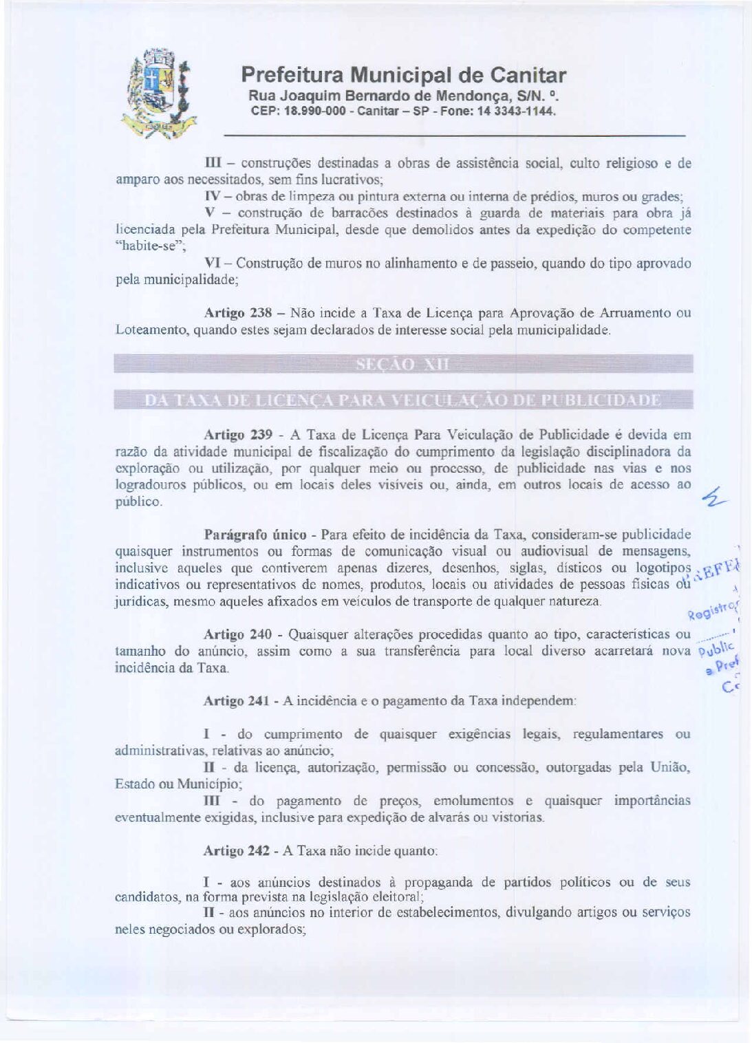 Leia mais sobre o artigo Lei Complementar nº 97 2001 2   Dispõe sobre o Sistema Tributário do Município de Canitar.