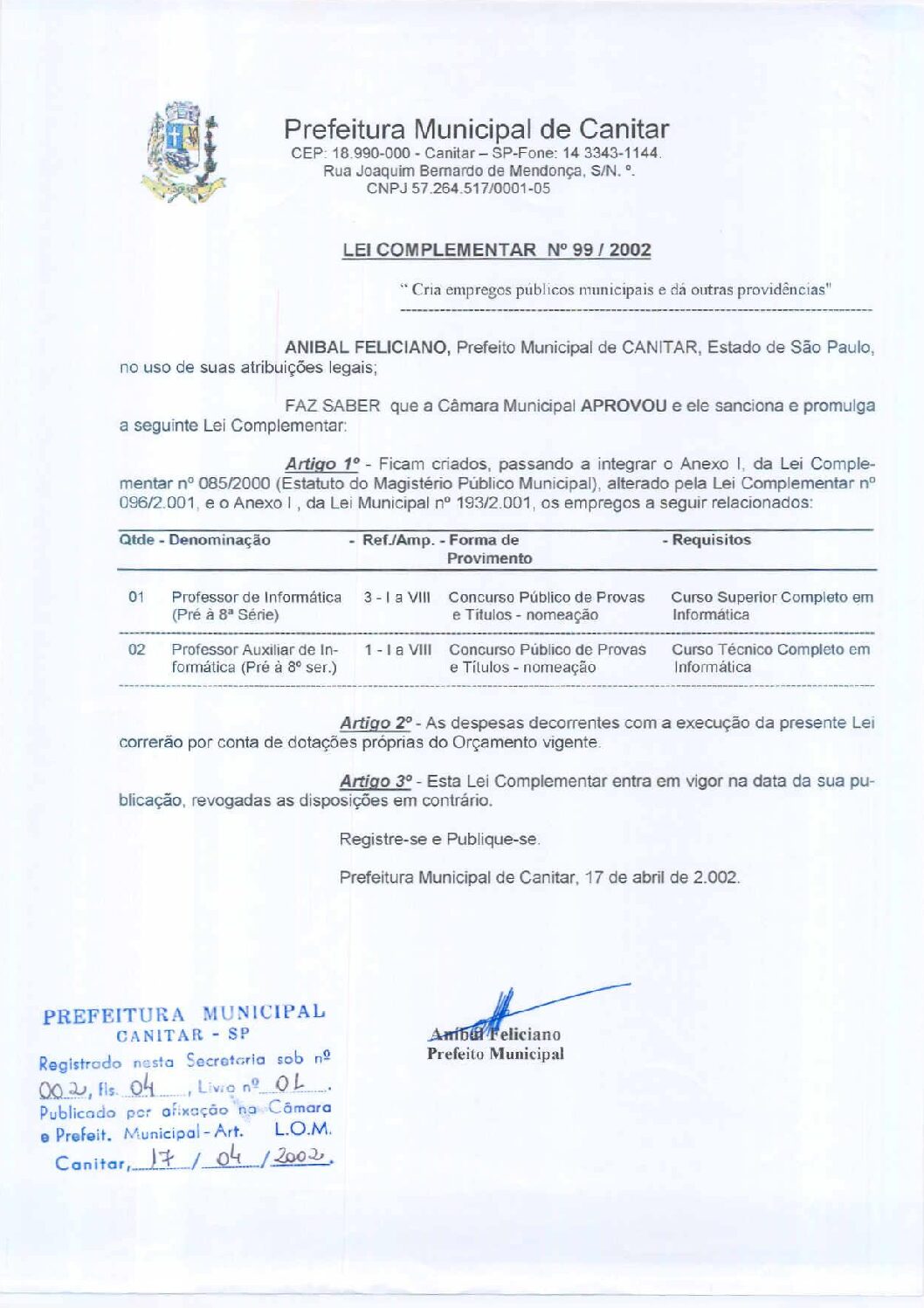 Leia mais sobre o artigo Lei Complementar nº 99 2002   Cria empregos públicos municipais.