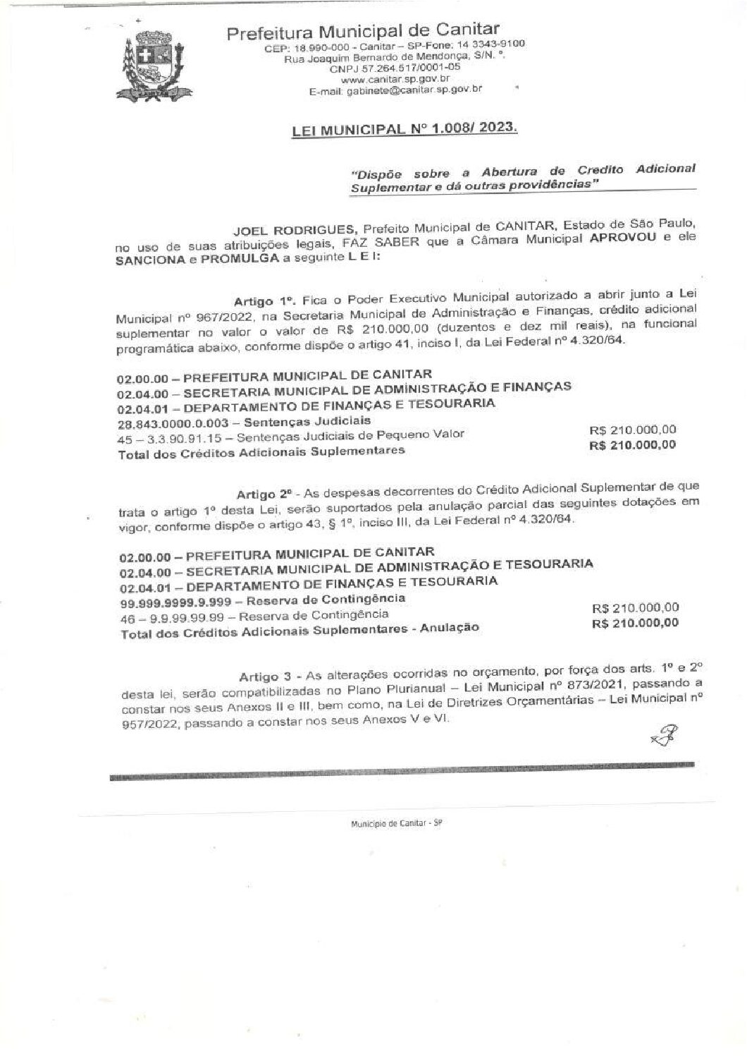 Leia mais sobre o artigo Lei Municipal nº 1008 2023   Dispõe sobre abertura de crédito, Secretaria Municipal de Administração e Finanças.