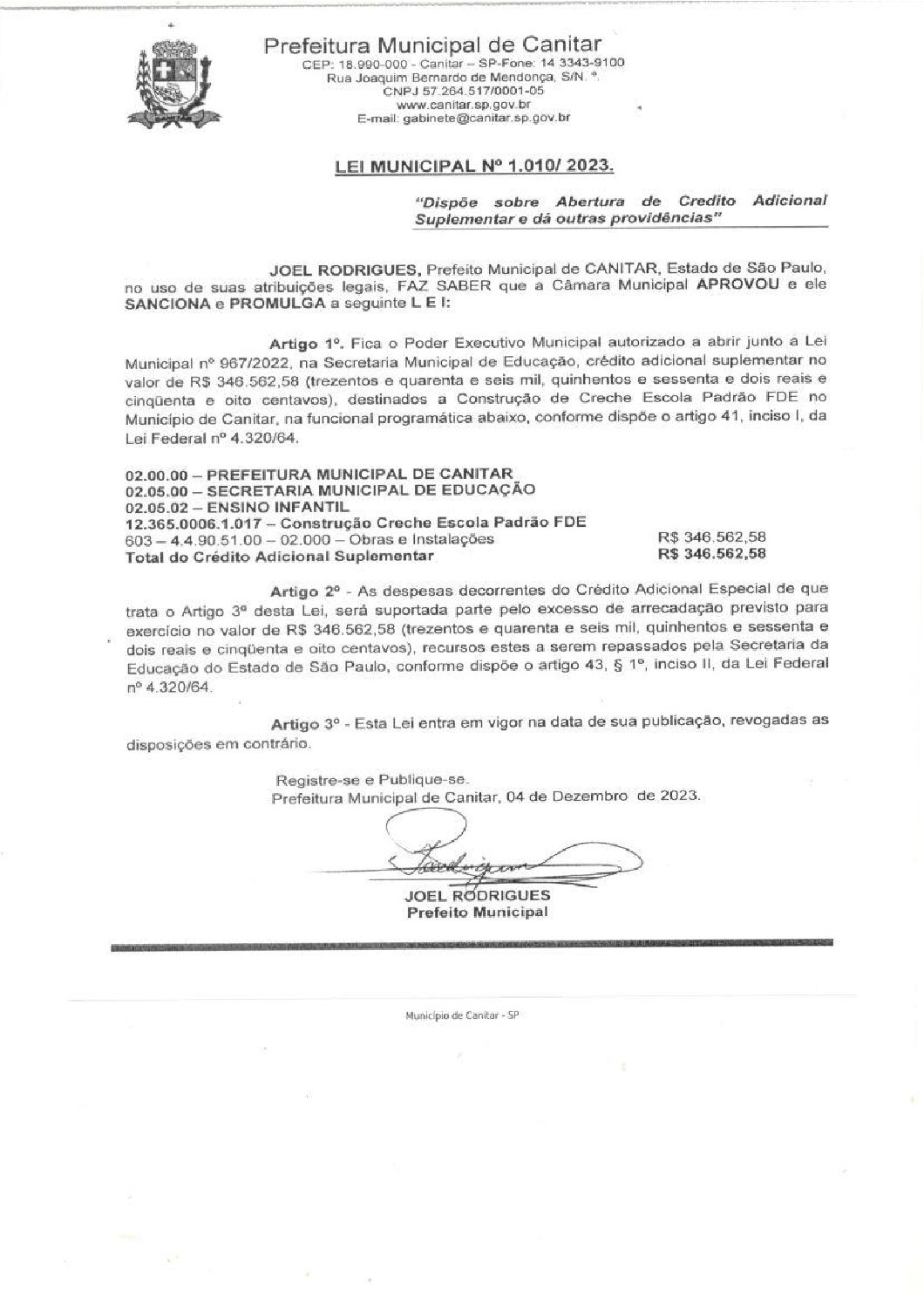 Leia mais sobre o artigo Lei Municipal nº 1010 2023   Dispõe sobre abertura de crédito, Secretaria Municipal de Educação.