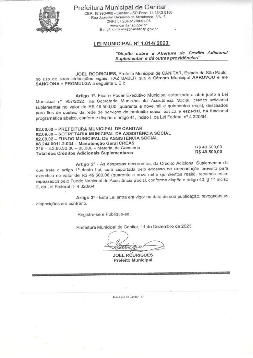 Leia mais sobre o artigo Lei Municipal nº 1014 2023   Dispõe sobre abertura de crédito, Secretaria Municipal de Assistencia Social.
