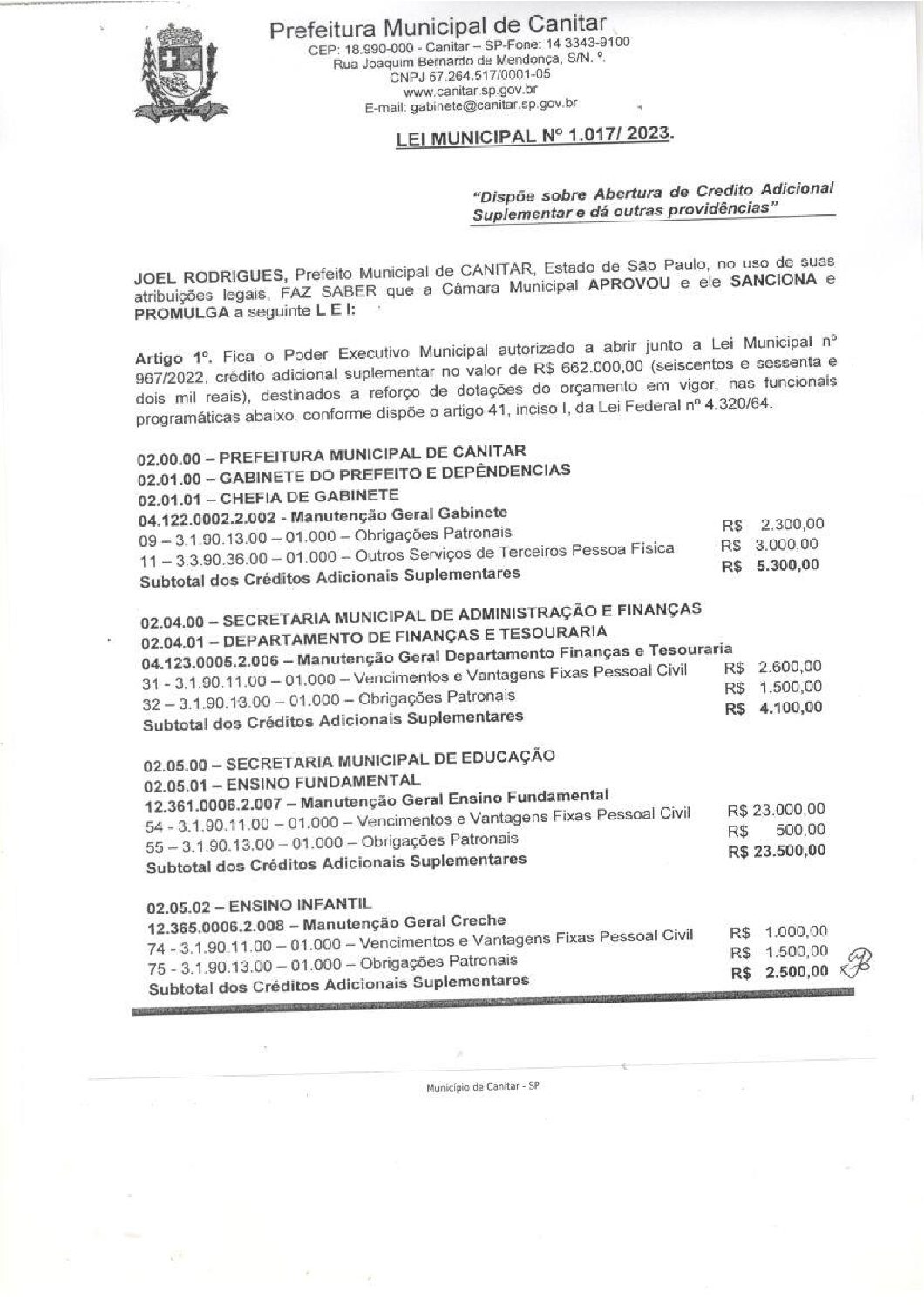 Leia mais sobre o artigo Lei Municipal nº 1017 2023   Dispõe sobre abertura de crédito, Gabinete do Prefeito.