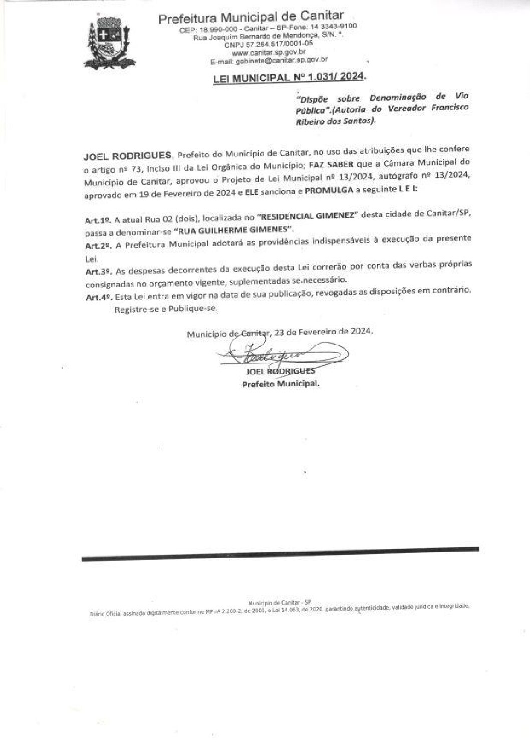 Leia mais sobre o artigo Lei Municipal nº 1031 2024   Dispõe sobre denominação de Via Pública   Rua Guilherme Gimenes.