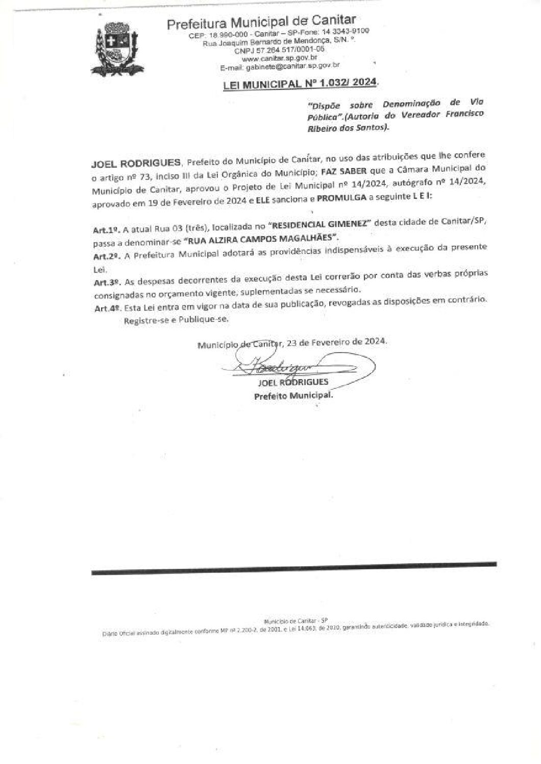 Leia mais sobre o artigo Lei Municipal nº 1032 2024   Dispõe sobre denominação de Via Pública   Rua Alzira Campos Magalhães.
