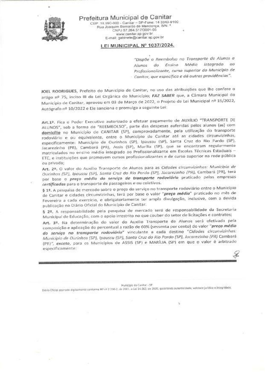Leia mais sobre o artigo Lei Municipal nº 1037 2024   Dispõe sobre o reembolso no transporte de alunos.