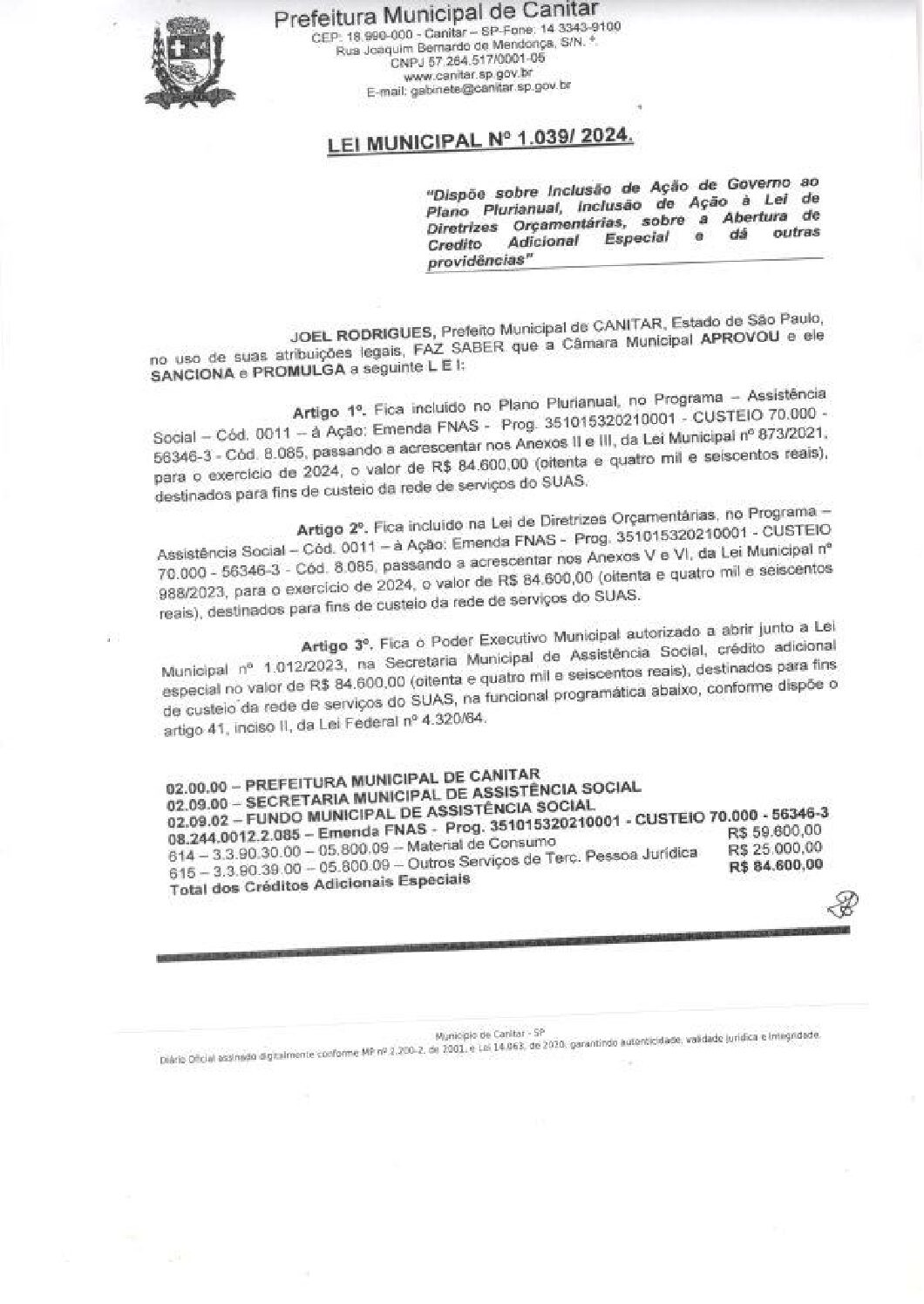 Leia mais sobre o artigo Lei Municipal nº 1039 2024   Dispõe sobre abertura de crédito, custeio da rede de serviços do SUAS.