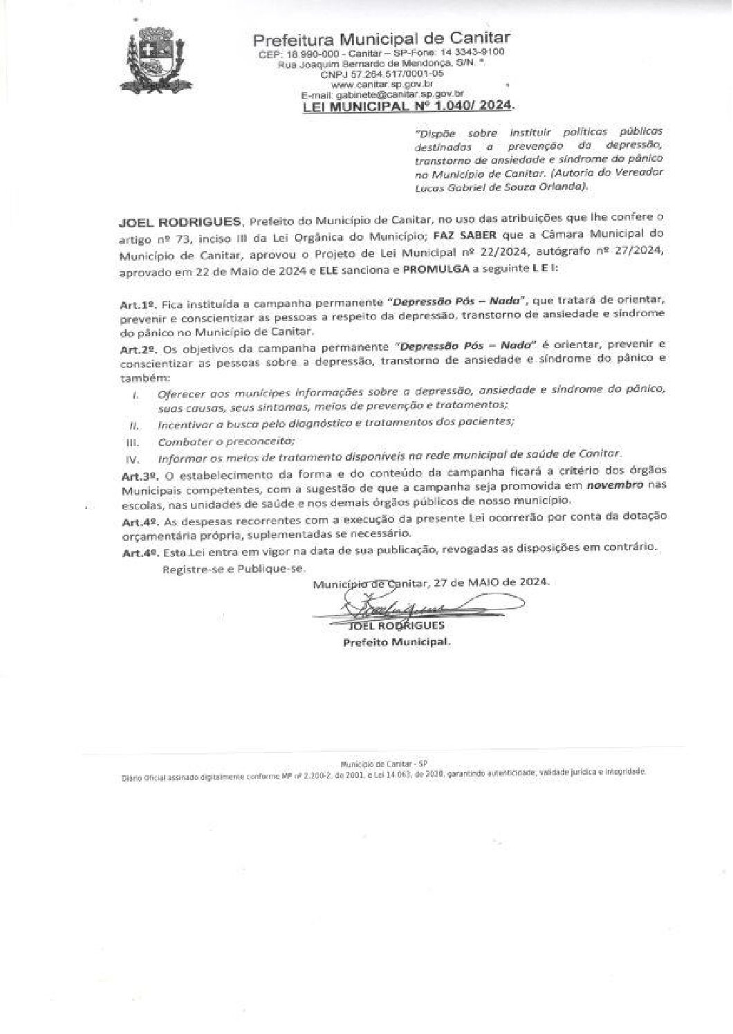 Leia mais sobre o artigo Lei Municipal nº 1040 2024   Dispõe sobre instituir políticas públicas destinadas a prevenção da depressão.