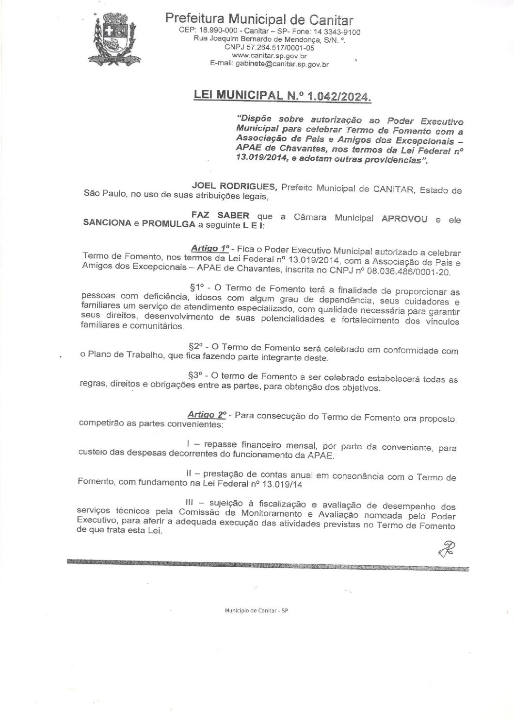 Leia mais sobre o artigo Lei Municipal nº 1042 2024   Dispõe sobre repasse a APAE Chavantes.