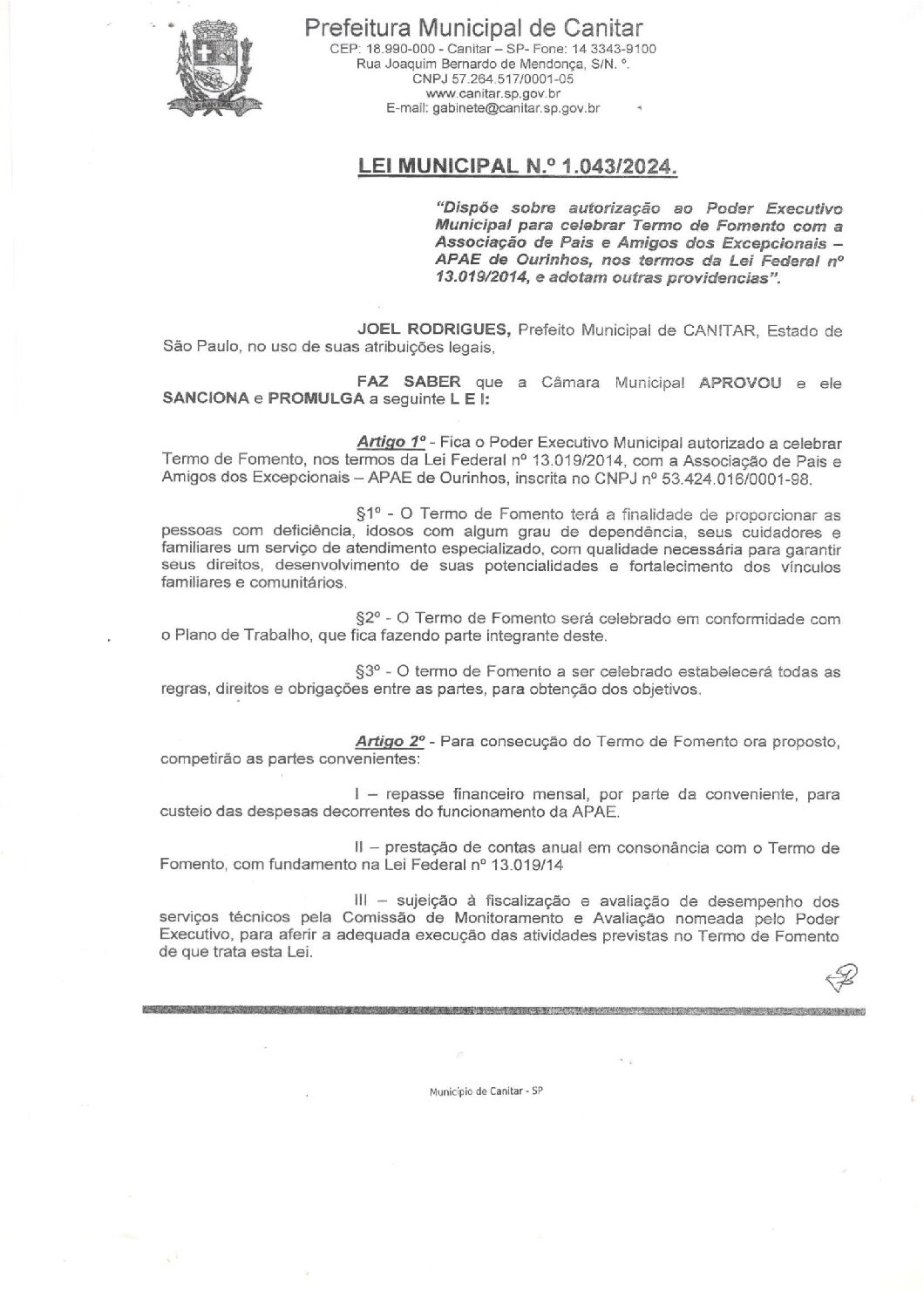 Leia mais sobre o artigo Lei Municipal nº 1043 2024   Dispõe sobre repasse a APAE Ourinhos.