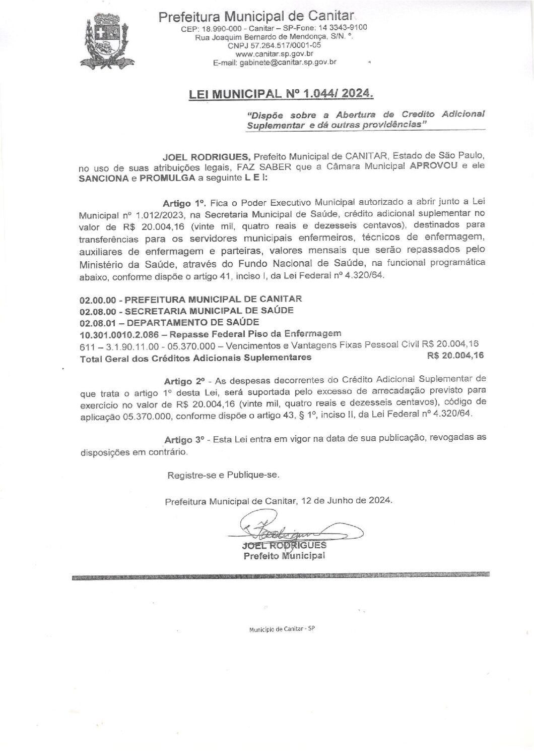 Leia mais sobre o artigo Lei Municipal nº 1044 2024   Dispõe sobre abertura de crédito, Secretaria Municipal de Saúde.