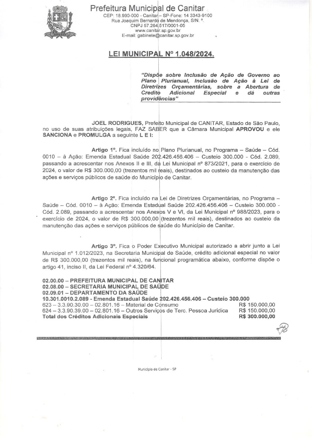 Leia mais sobre o artigo Lei Municipal nº 1048 2024   Dispõe sobre abertura de crédito, manutenção das ações e serviços públicos de saúde.