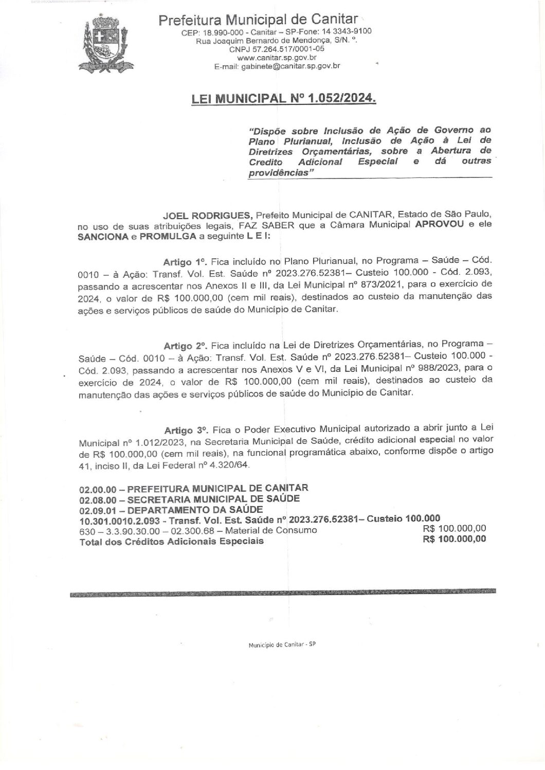Leia mais sobre o artigo Lei Municipal nº 1052 2024   Dispões sobre abertura de crédito, serviços públicos de saúde.