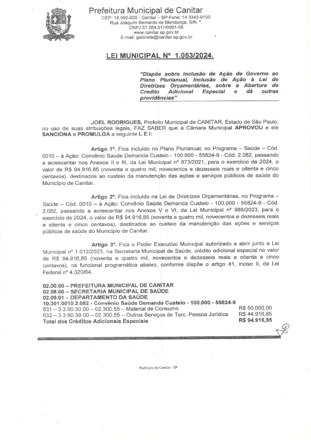 Leia mais sobre o artigo Lei Municipal nº 1053 2024   Dispõe sobre a abertura de crédito, serviços públicos de saúde.