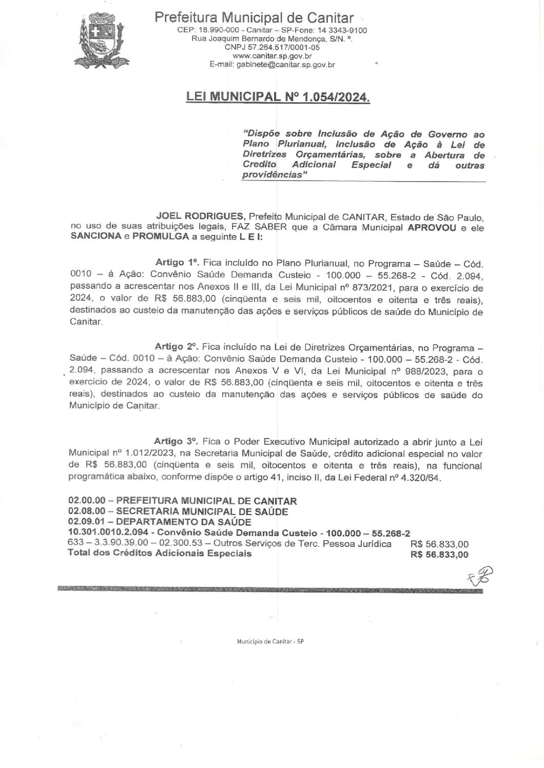 Leia mais sobre o artigo Lei Municipal nº 1054 2024   Dispõe sobre abertura de crédito, serviços públicos de saúde.
