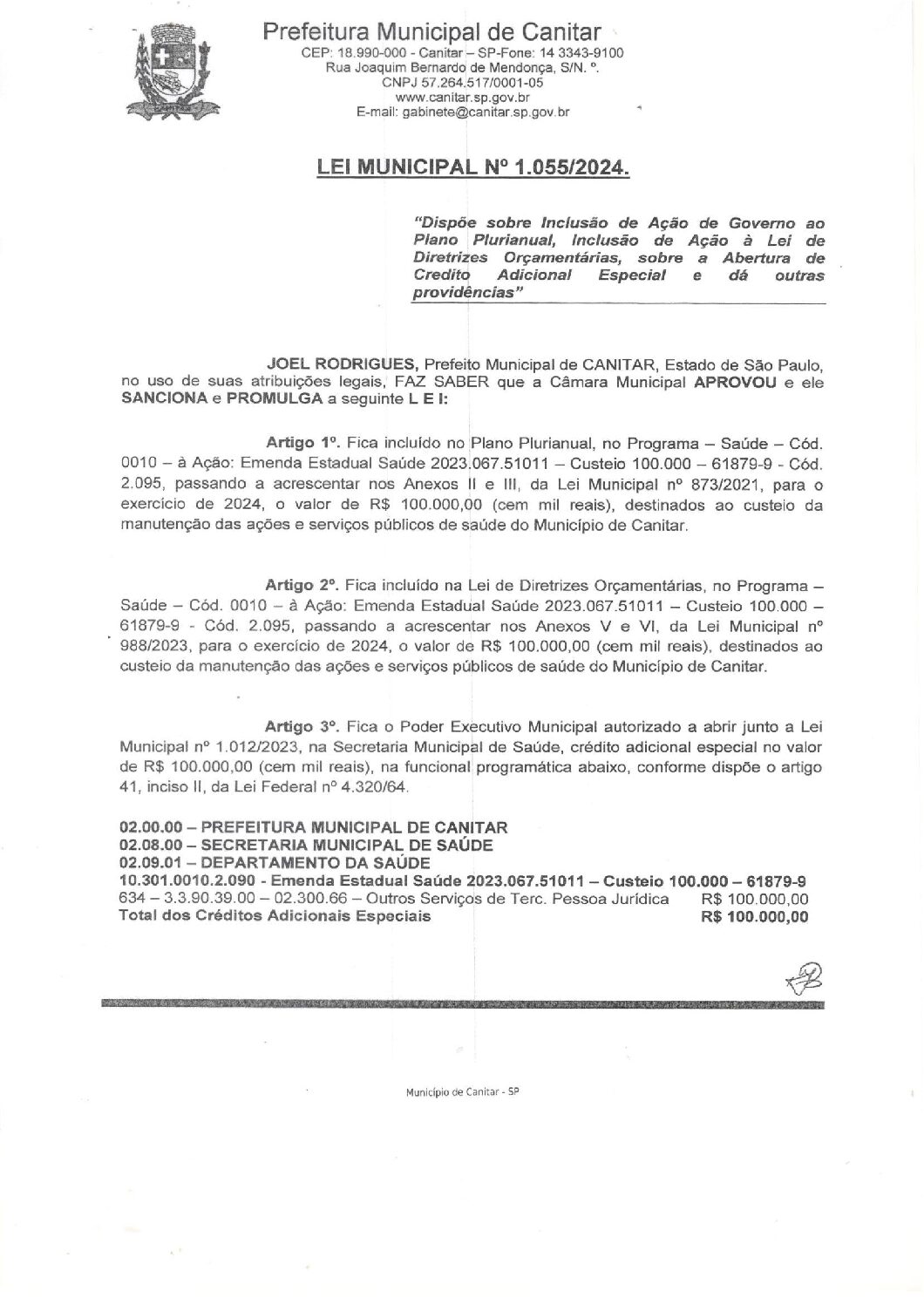 Leia mais sobre o artigo Lei Municipal nº 1055 2024   Dispõe sobre abertura de crédito, serviços públicos de saúde.