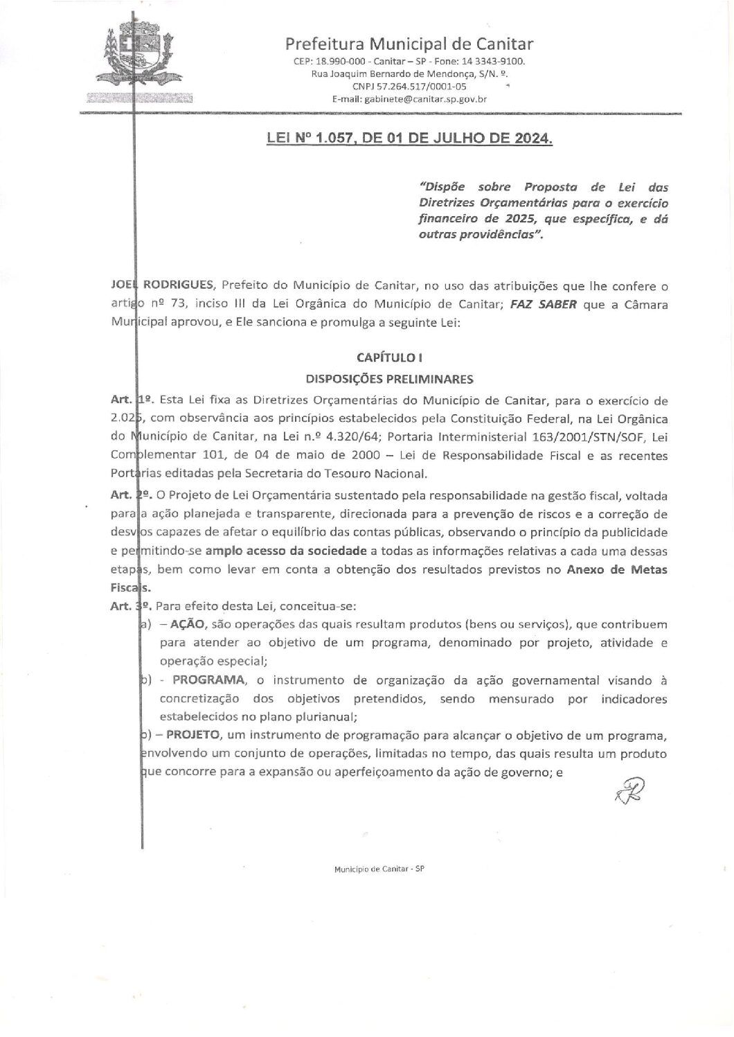 Leia mais sobre o artigo Lei Municipal nº 1057 2024   Dispõe sobre proposta de Lei das Diretrizes Orçamentárias para o exercício financeiro de 2025
