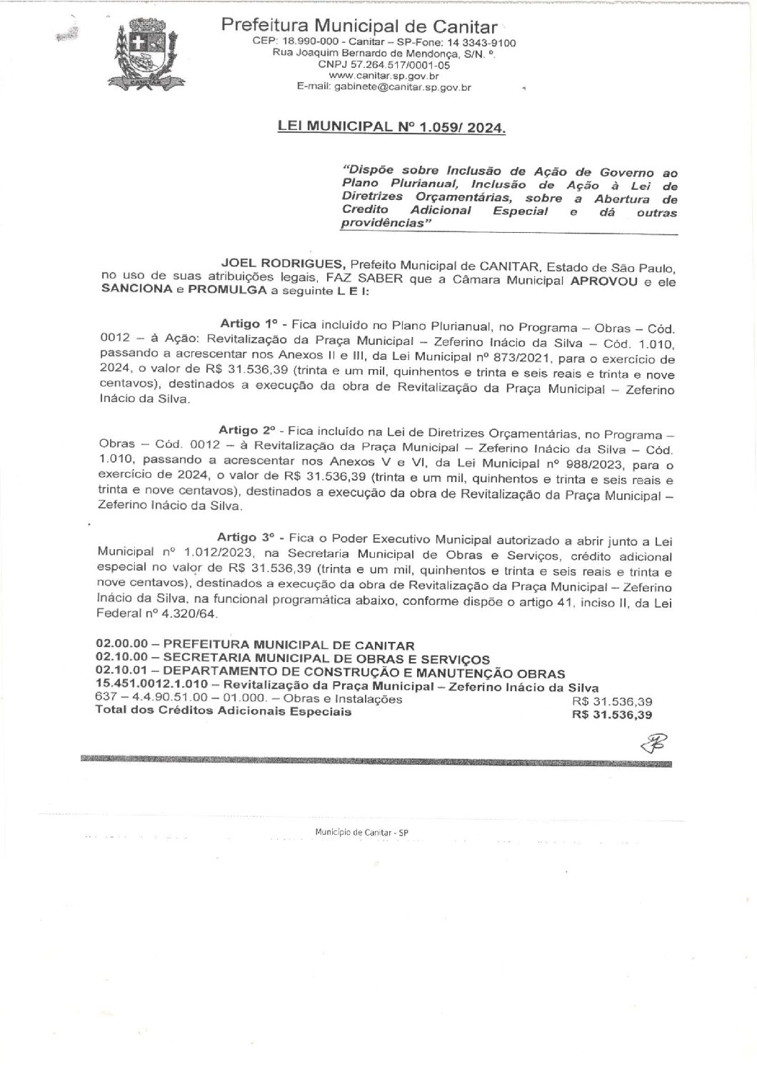 Leia mais sobre o artigo Lei Municipal nº 1059 2024   Dispõe sobre abertura de crédito,