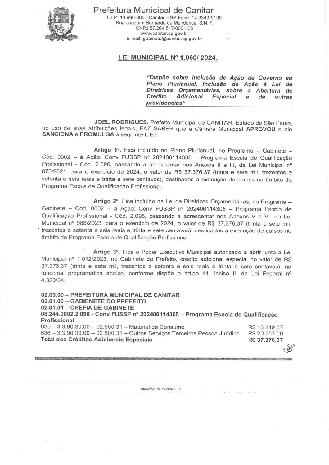 Leia mais sobre o artigo Lei Municipal nº 1060 2024   Dispõe sobre abertura de crédito,
