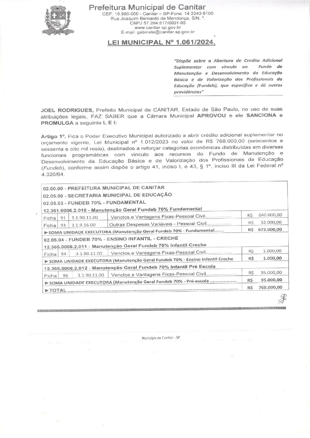 Leia mais sobre o artigo Lei Municipal nº 1061 2024   Dispõe sobre abertura de crédito,
