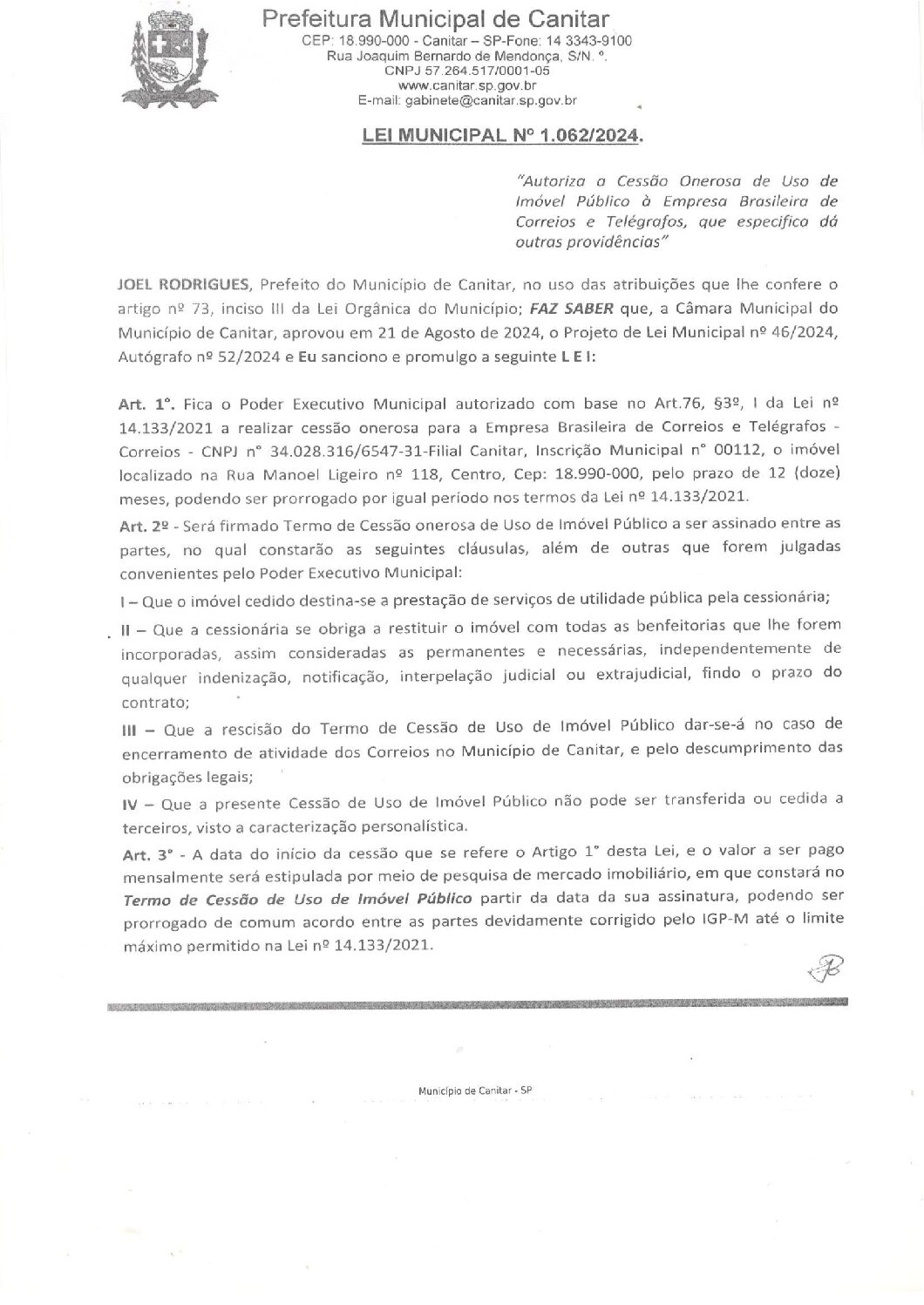 Leia mais sobre o artigo Lei Municipal nº 1062 2024   Autoriza a Cessão Onerosa de Uso d