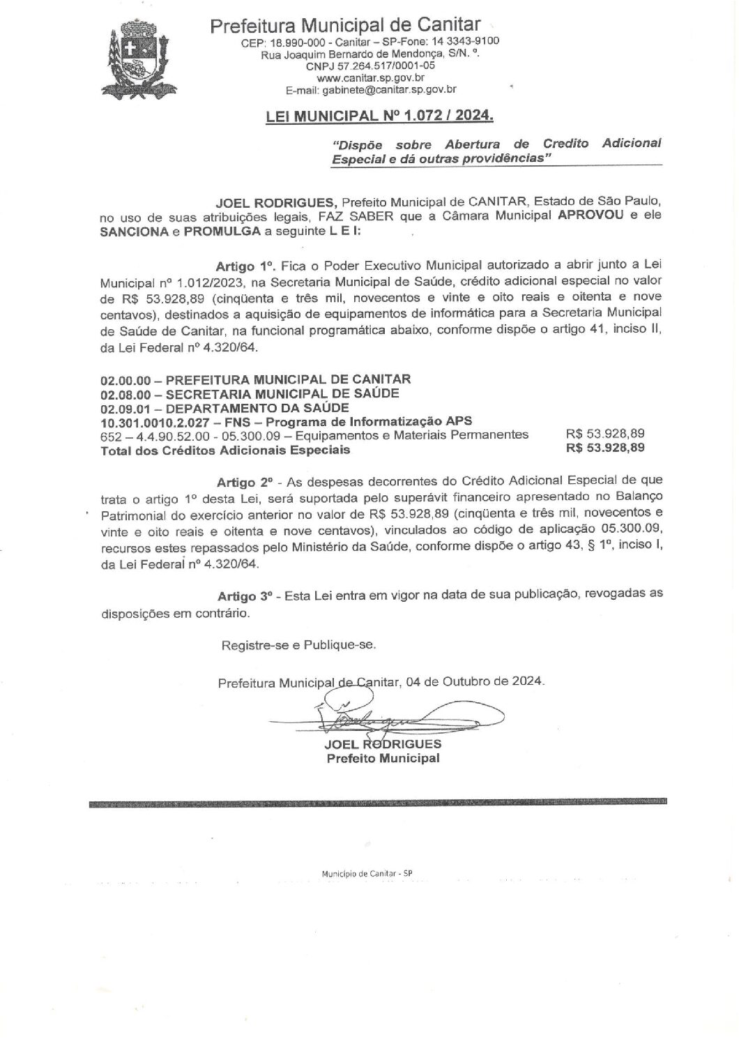 Leia mais sobre o artigo Lei Municipal nº 1072 2024   Dispõe sobre abertura de crédito, Secretaria Municipal de Saúde.