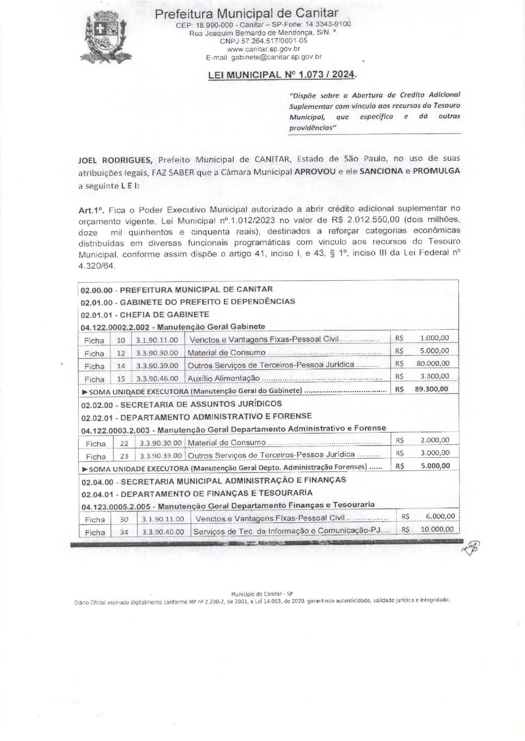 Leia mais sobre o artigo Lei Municipal nº 1073 2024   Dispõe sobre abertura de crédito com vinculo ao Tesouro Municipal.