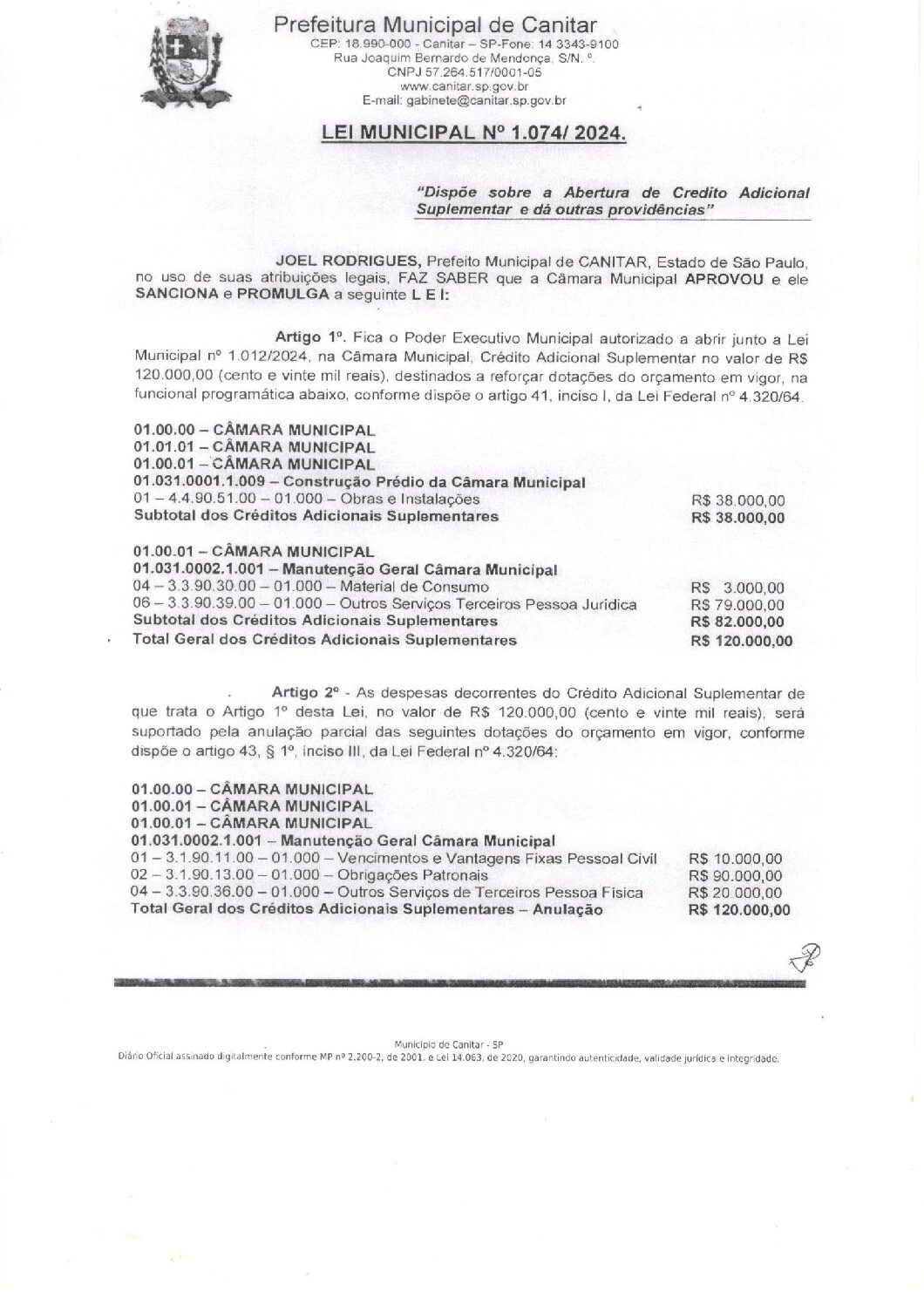 Leia mais sobre o artigo Lei Municipal nº 1074 2024   Dispõe sobre abertura de crédito suplementar, Câmara Municipal.