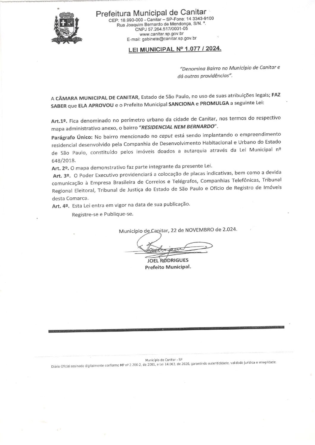 Leia mais sobre o artigo Lei Municipal nº 1077 2024   Denomina Bairro no Município de Canitar, Residencial Nem Bernardo.