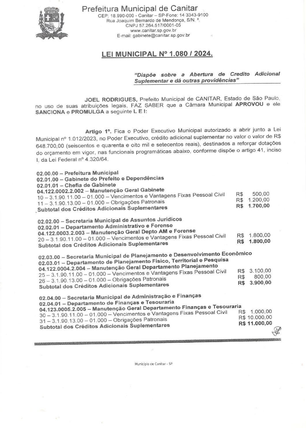Leia mais sobre o artigo Lei Municipal nº 1080 2024   Dispõe sobre a Abertura de Crédito, Gabinete do Prefeito.