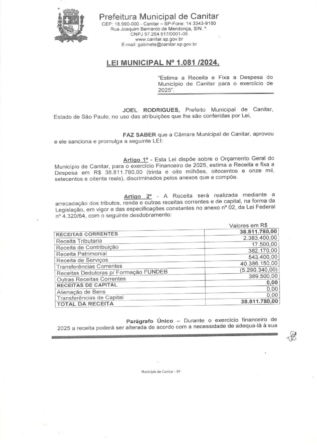 Leia mais sobre o artigo Lei Municipal nº 1081 2024   Estima a Receita e Fixa a Despesa para o exercício de 2025.