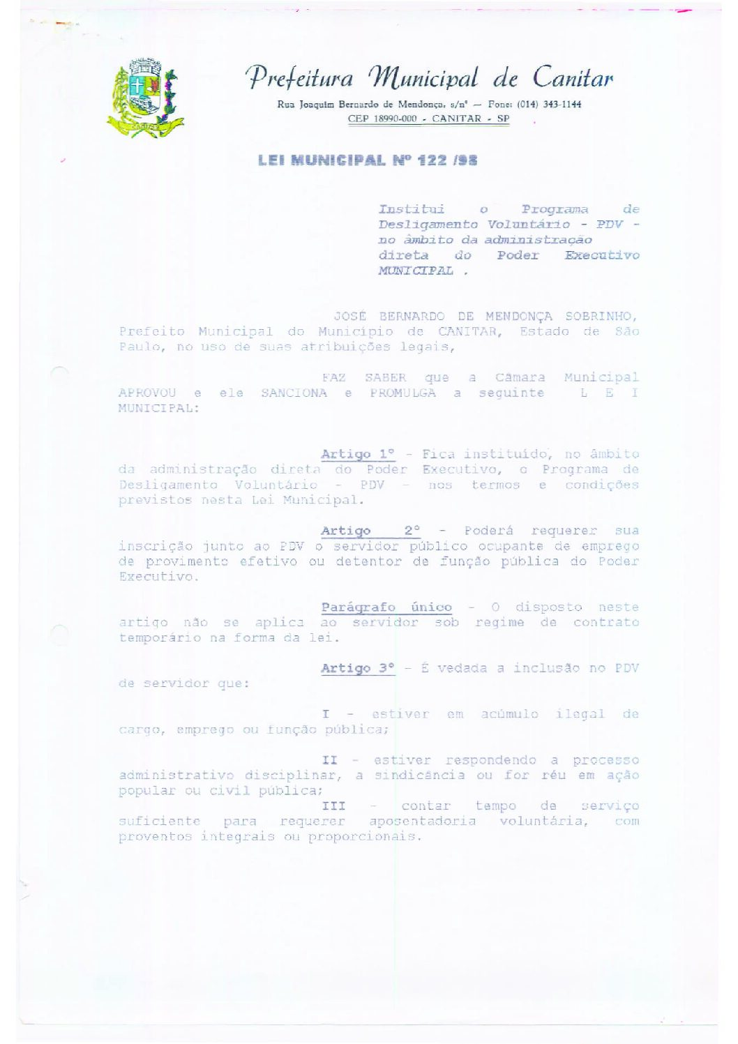 Leia mais sobre o artigo Lei Municipal nº 122 1998   Institui o Programa de Desligamento Voluntário   PDV.