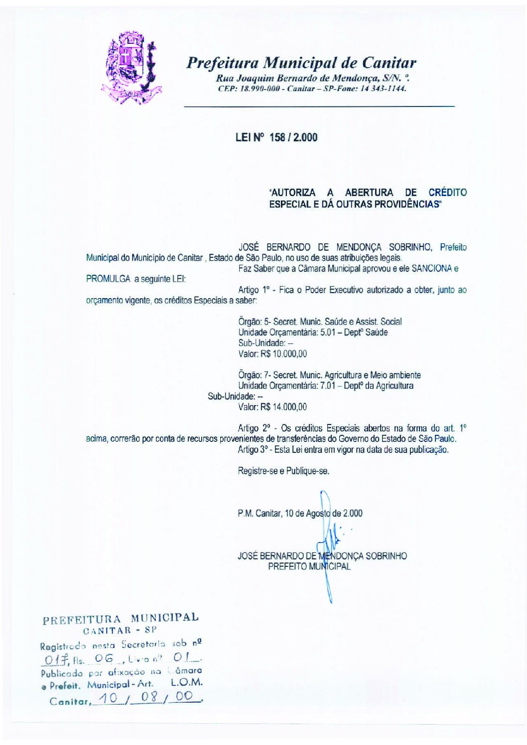 Leia mais sobre o artigo Lei Municipal nº 158 2000   Autoriza a abertura de crédito especial, secretaria municipal de saúde.