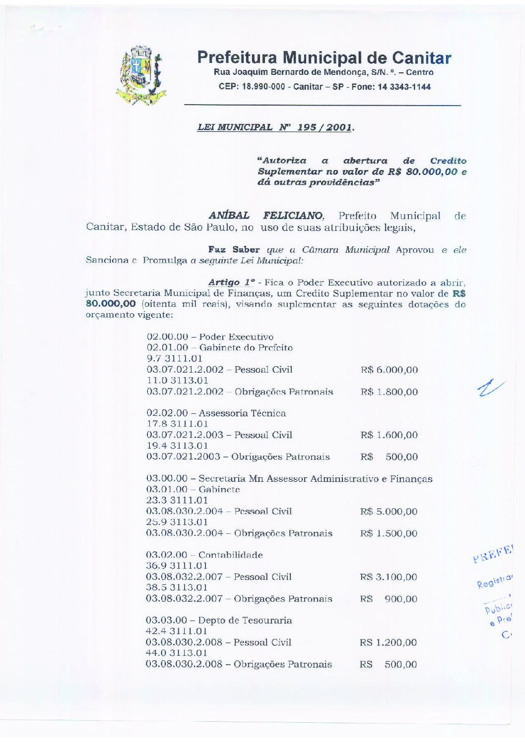 Leia mais sobre o artigo Lei Municipal nº 195 2001   Autoriza a abertura de crédito suplementar, Gabinete do Prefeito.