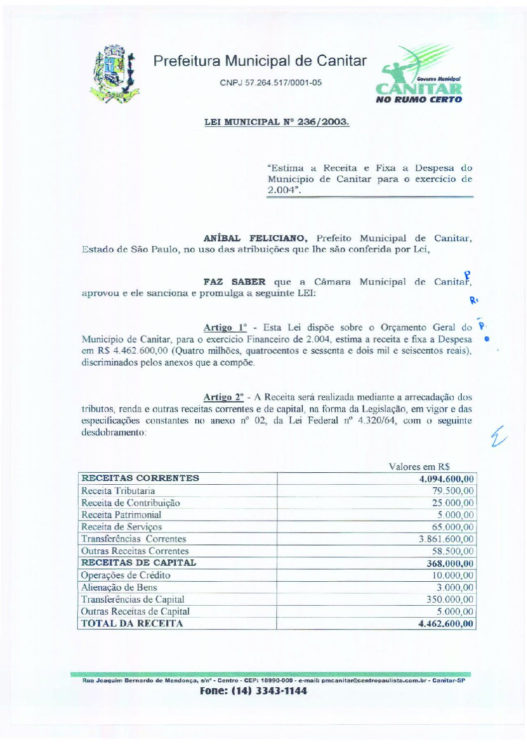 Leia mais sobre o artigo Lei Municipal nº 236 2003   Estima a receita e fixa a despesa do município de Canitar para o exercício de 2004.