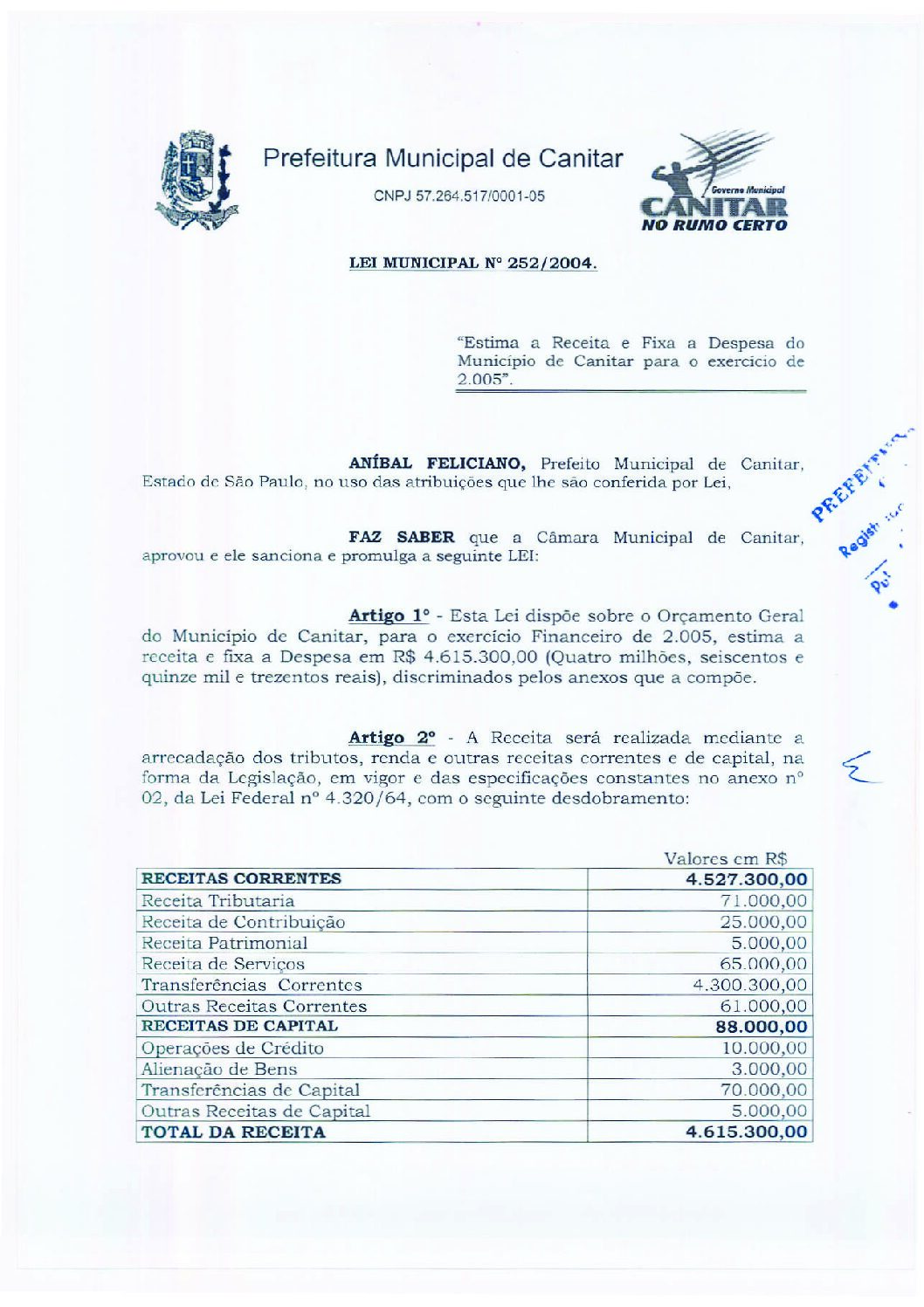 Leia mais sobre o artigo Lei Municipal nº 252 2004   Estima a receita e fixa a despesa do município de Canitar para o exercício de 2005.
