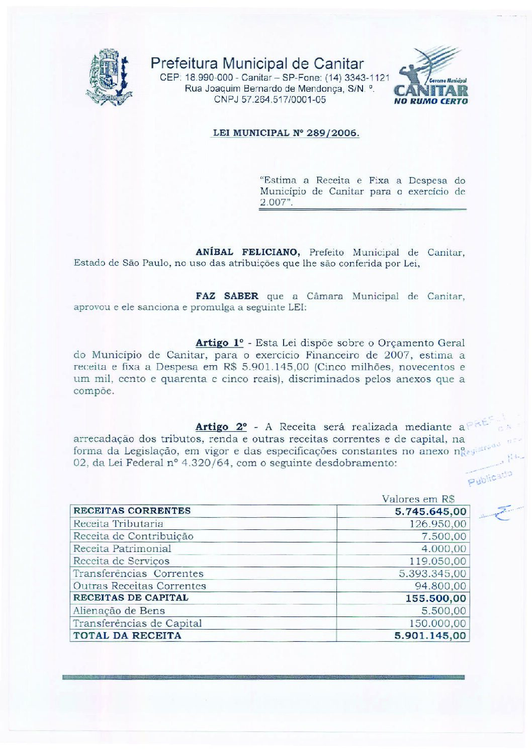 Leia mais sobre o artigo Lei Municipal nº 289 2006   Estima a receita e fixa a despesa do município de Canitar para o exercício de 2007.