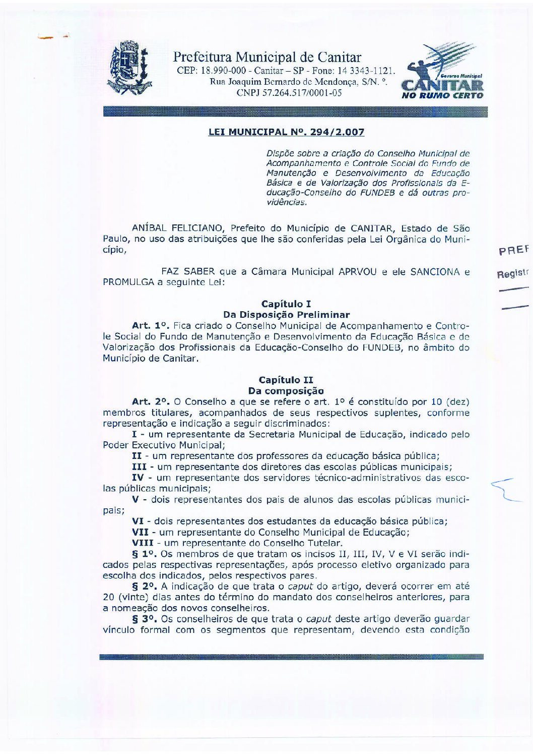 Leia mais sobre o artigo Lei Municipal nº 294 2007   Dispõe sobre a criação do Conselho do FUNDEB.