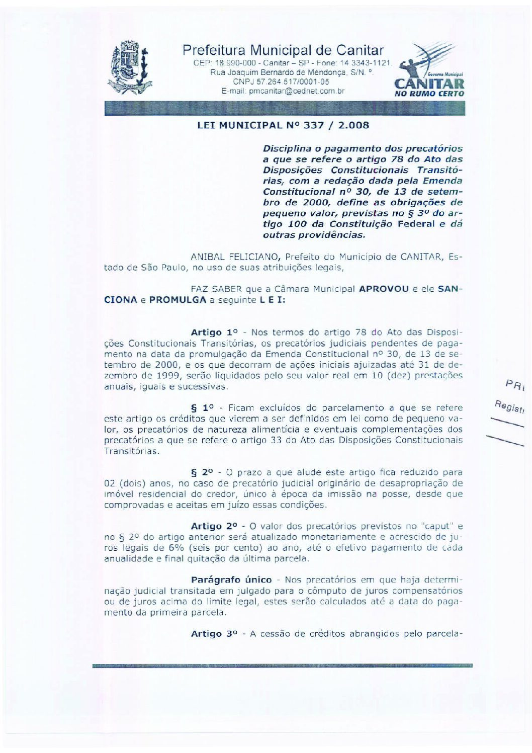 Leia mais sobre o artigo Lei Municipal nº 337 2008   Disciplina o pagamento de precatórios.